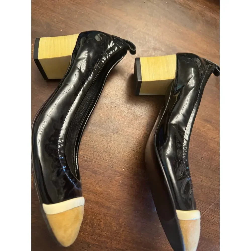 Lanvin cube-heel cap toe ballet pumps black patent leather women's size 37/ 7 - Picture 3 of 6